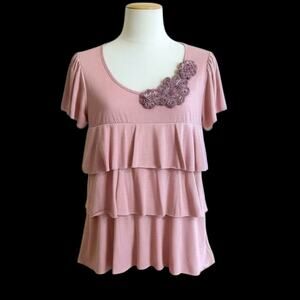 Agenda Top Women Short Sleeves SZ PL Pink Rosette Accent Tiered